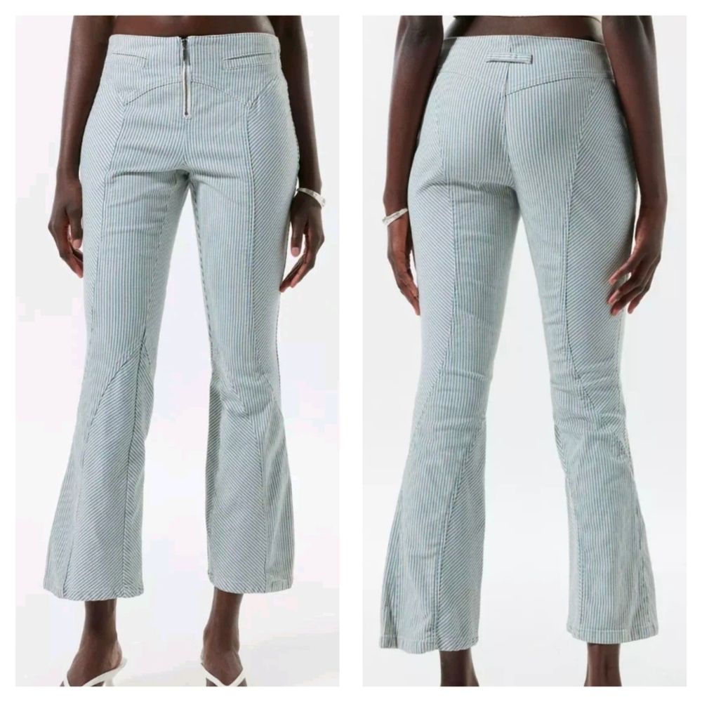 UO Silence & Noise Toni Moto Flare Railroad Stripe Cropped Jeans, Zip Front, EUC